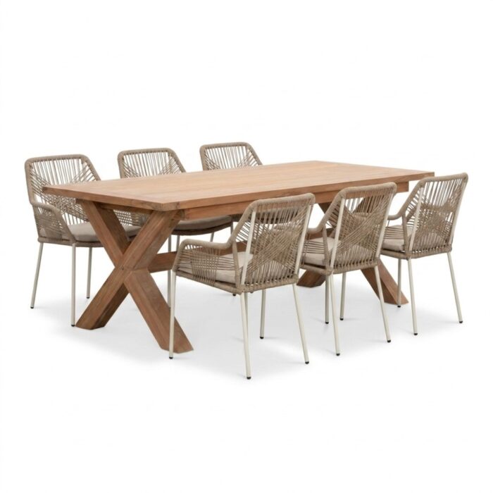 BUITEN living Riga/Seville beige dining tuinset | 4 personen | teakhout + touw | 200cm
