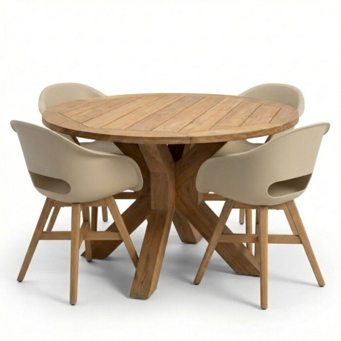 BUITEN living Genua/Karlstad beige dining tuinset | 4 personen | teakhout + kunststof | 120cm rond