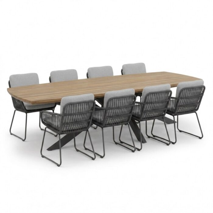 LUX outdoor living Salo/Harper Stone Grey dining tuinset | 8 personen | hardhout + touw | 280cm Deens – Grijs