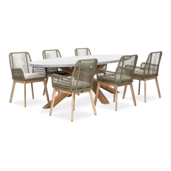 BUITEN living Livorno/Padua olijfgroen dining tuinset | 6 personen | betonlook + touw | 240cm ovaal – Light Teak, Olijfgroen, Betonlook