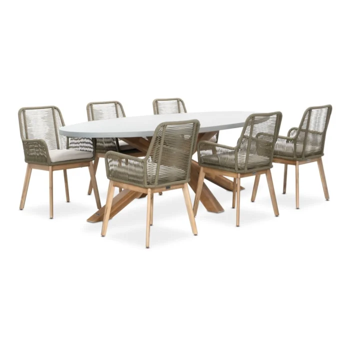 BUITEN living Livorno/Padua olijfgroen dining tuinset | 6 personen | betonlook + touw | 240cm ovaal - Light Teak, Olijfgroen, Betonlook