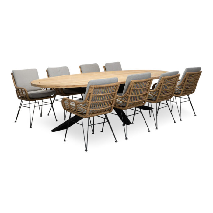 LUX outdoor living Cleve/Carlos taupe dining tuinset | 8 personen | teakhout + wicker | 280cm ovaal