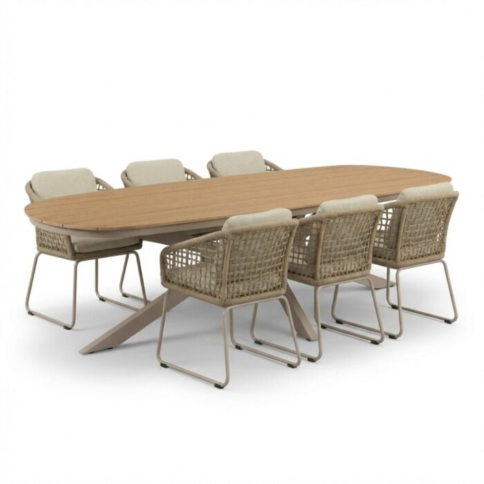 LUX outdoor living Texas/Tulum Sandstone dining tuinset | 6 personen | polywood + touw | 260cm Deens ovaal – Beige