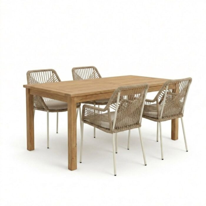 BUITEN living Singapore/Seville beige dining tuinset | 4 personen | teakhout + touw | 150cm