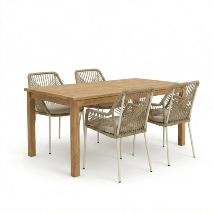 BUITEN living Singapore/Seville beige dining tuinset | 4 personen | teakhout + touw | 150cm