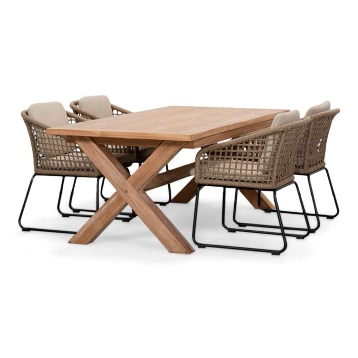 BUITEN living Riga/Tulum Sahara Dust dining tuinset | 4 personen | teakhout + touw | 200cm – Zand