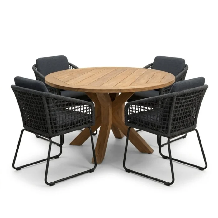 BUITEN living Genua/Tulum Lava Grey dining tuinset | 4 personen | teakhout + touw | 120cm - Natural Teak