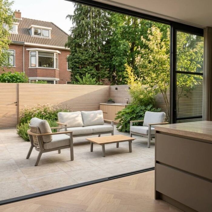 LUX outdoor living Montana stoel-bank loungeset 4 personen incl. tafel | aluminium + teak | beige | 4-delig