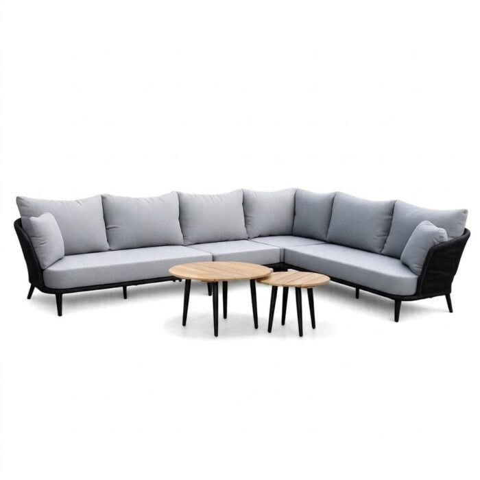 BUITEN living Palermo hoek loungeset 5 personen incl tussenelement & teak tafels | aluminium + touw | Stone Grey – Grijs
