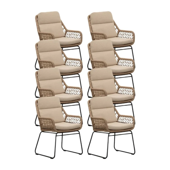 BUITEN living Valencia dining tuinstoel set van 8 | touw + aluminium | Sahara Dust - Zand
