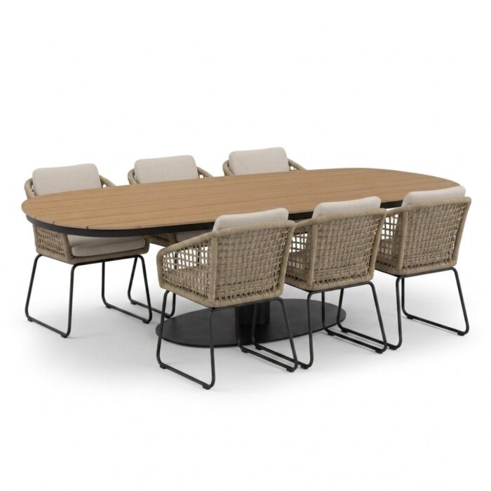 LUX outdoor living Panama antraciet/Tulum Sahara Dust dining tuinset | 6 personen | polywood + touw | 260cm