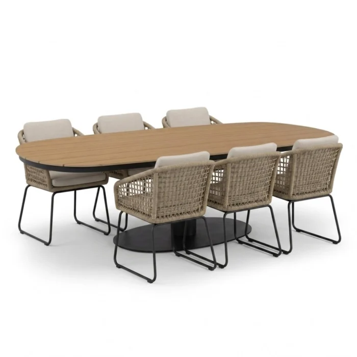 LUX outdoor living Panama antraciet/Tulum Sahara Dust dining tuinset | 6 personen | polywood + touw | 260cm
