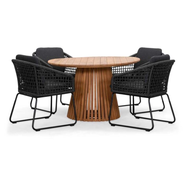 BUITEN living Palau/Tulum Lava Grey dining tuinset | 4 personen | teakhout + touw | 120cm rond – Grijs