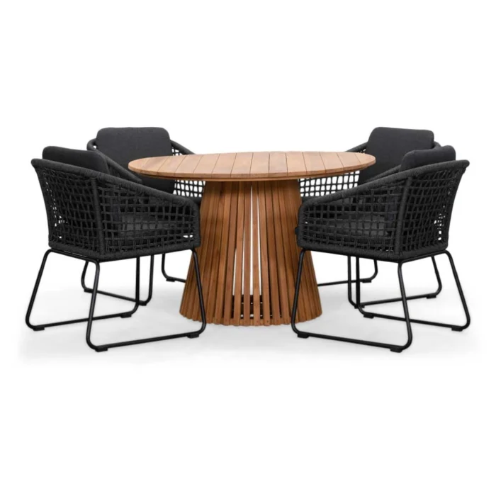 BUITEN living Palau/Tulum Lava Grey dining tuinset | 4 personen | teakhout + touw | 120cm rond - Grijs
