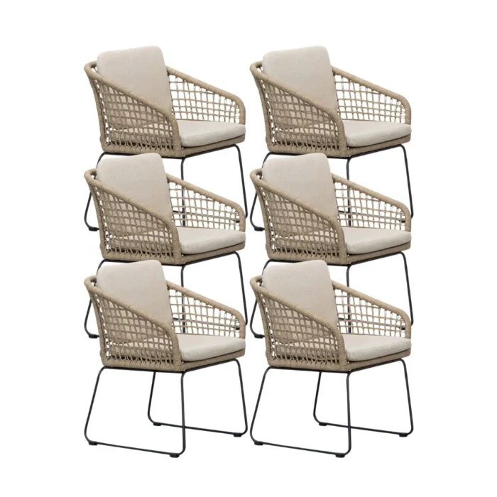 BUITEN living Tulum dining tuinstoel set van 6 | touw + RVS | Sahara Dust - Zand