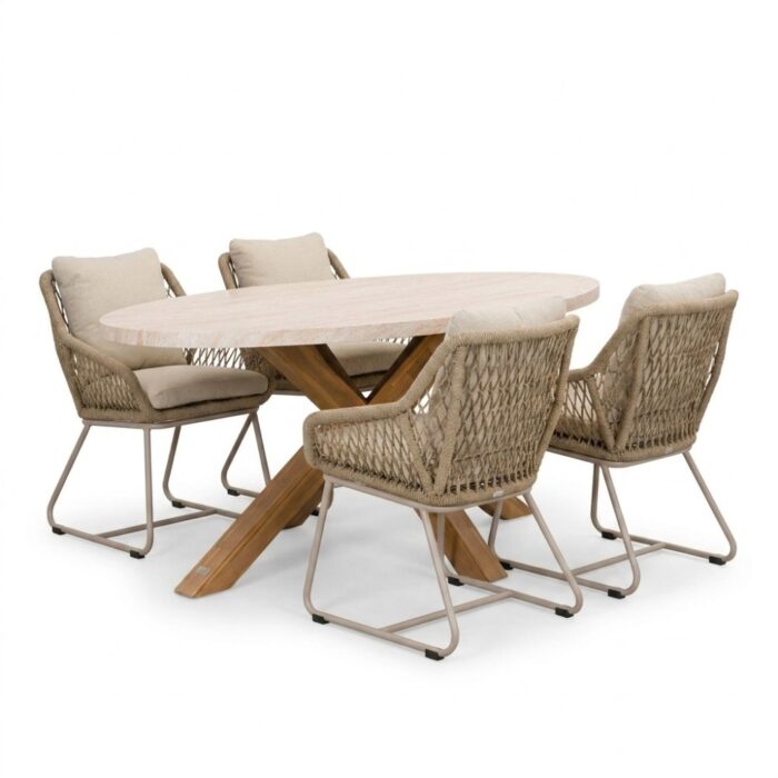 BUITEN living Lorento/Portofino Sandstone dining tuinset | 4 personen | polystone + touw | 200cm ovaal – Taupe – Naturel – Bruin, Beige