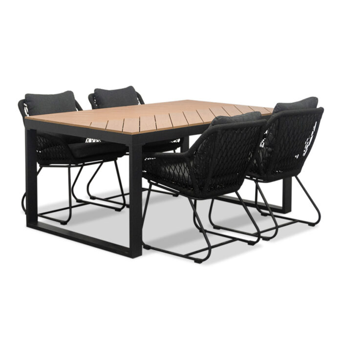 LUX outdoor living Kampa Natural/Portofino zwart dining tuinset | 6 personen | polywood + touw | 160cm – Taupe – Naturel – Bruin, Zwart