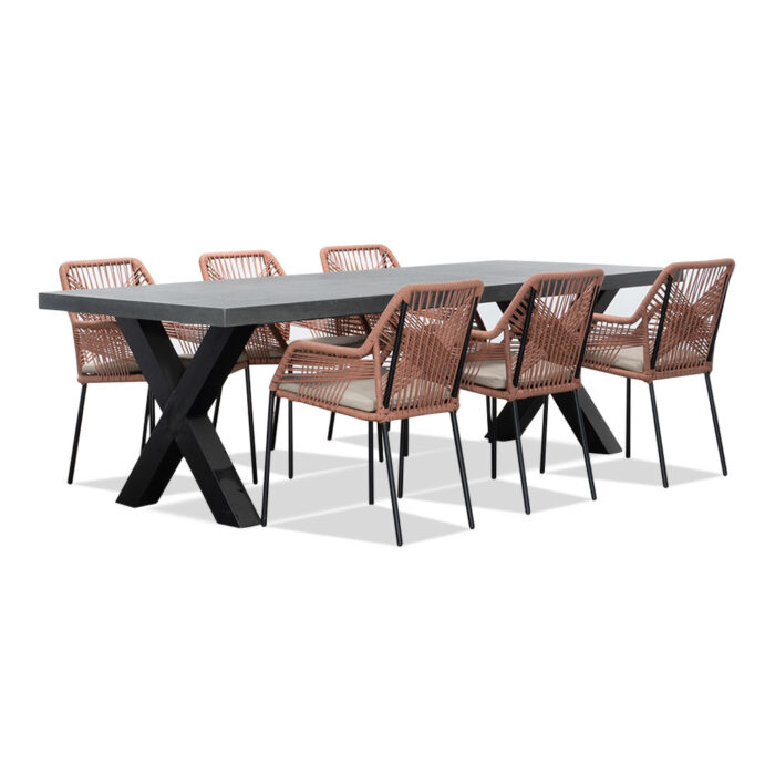BUITEN living Lyon/Seville terra dining tuinset | 6 personen | betonlook + touw | 250cm – Rood