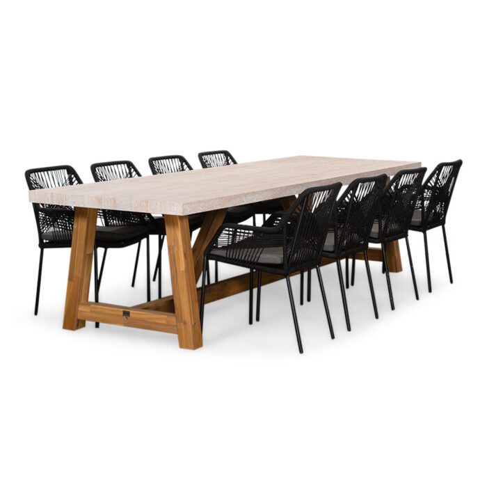 BUITEN living Velora/Seville zwart dining tuinset | 8 personen | travertin + touw | 300cm – Grijs