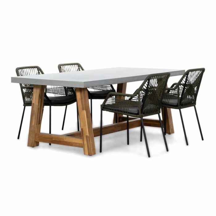 BUITEN living Veltis/Seville olijfgroen dining tuinset | 4 personen | betonlook + touw | 200cm – Light Teak, Olijfgroen, Betonlook