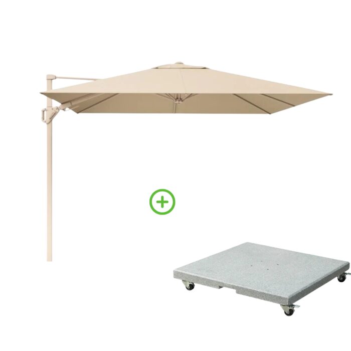 Platinum Challenger T² zweefparasol premium doek | 300x300cm met Rocca parasolvoet 90kg | Champagne/Sandstone – Taupe – Naturel – Bruin, Beige