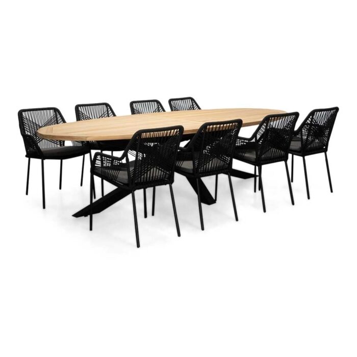 LUX outdoor living Cleve/Seville zwart dining tuinset | 8 personen | teakhout + touw | 280cm ovaal – Grijs