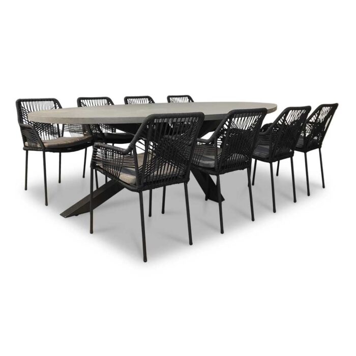 BUITEN living Stockholm/Seville zwart dining tuinset | 8 personen | betonlook + touw | 280cm – Antraciet