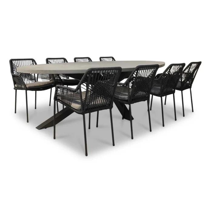 BUITEN living Stockholm/Seville zwart dining tuinset | 8 personen | betonlook + touw | 280cm - Antraciet