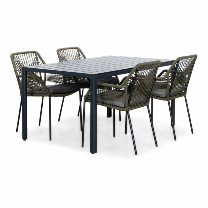 LUX outdoor living Manchester/Seville olijfgroen dining tuinset | 4 personen | aluminium + touw | 150cm – Olijfgroen, Zwart