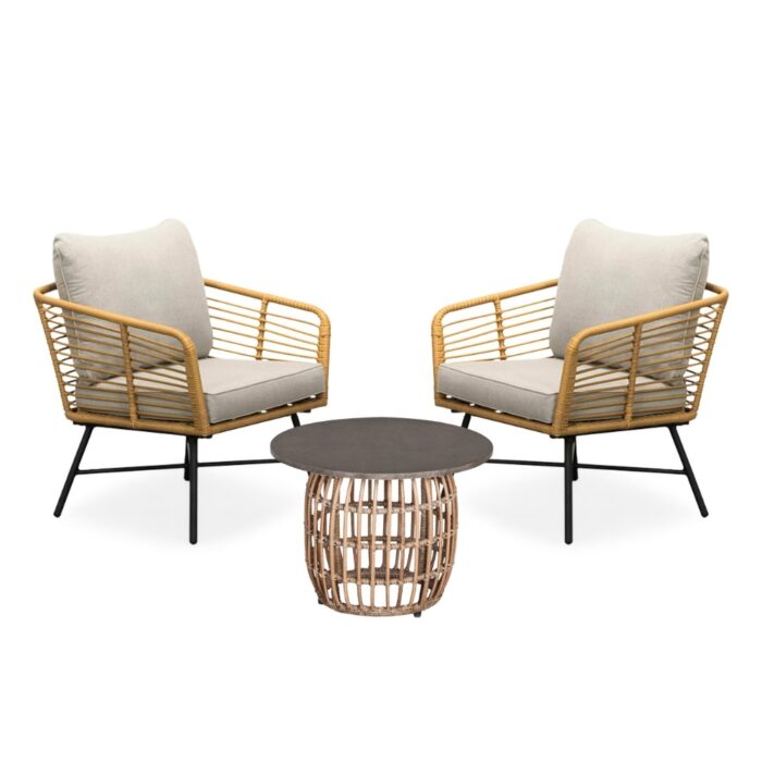 BUITEN living Flow lounge balkonset 2 personen | wicker + betonlook | Bamboo taupe | 3-delig