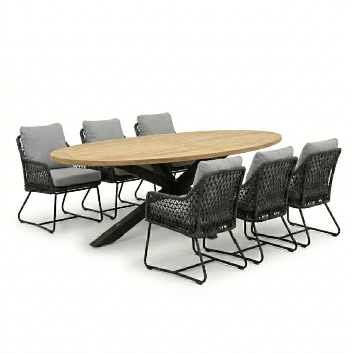LUX outdoor living Cleve antraciet/Gianna Stone Grey low dining tuinset | 6 personen | sintered stone + touw | 240cm