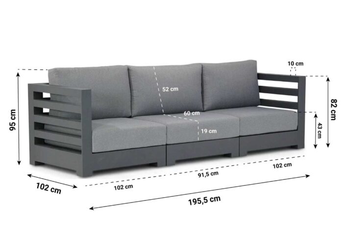Santika Furniture Phantom lounge tuinbank 3-delig – Grijs-antraciet