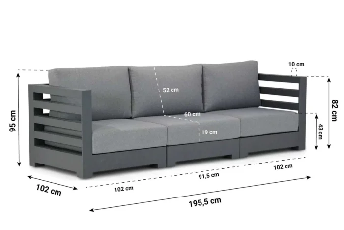 Santika Furniture Phantom lounge tuinbank 3-delig - Grijs-antraciet