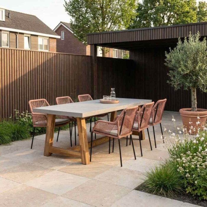 BUITEN living Veltis/Seville terra dining tuinset | 6 personen | betonlook + touw | 250cm – Lichtgrijs