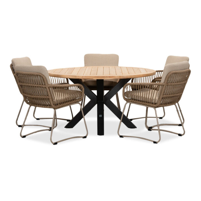 LUX outdoor living Cleve/Harper Sandstone dining tuinset | 5 personen | teakhout + touw | 140cm rond – Zand