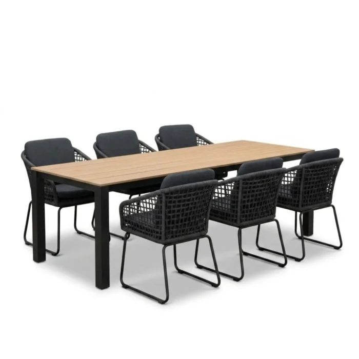 LUX outdoor living Manhattan antraciet/Tulum Lava Grey dining tuinset | 6 personen | polywood + touw | 240cm