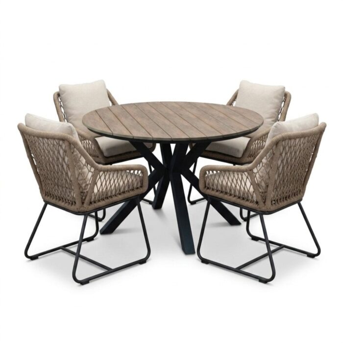 LUX outdoor living Cervo bruin/Portofino Sahara Dust dining tuinset | 4 personen | polywood + touw | 120cm rond – Naturel