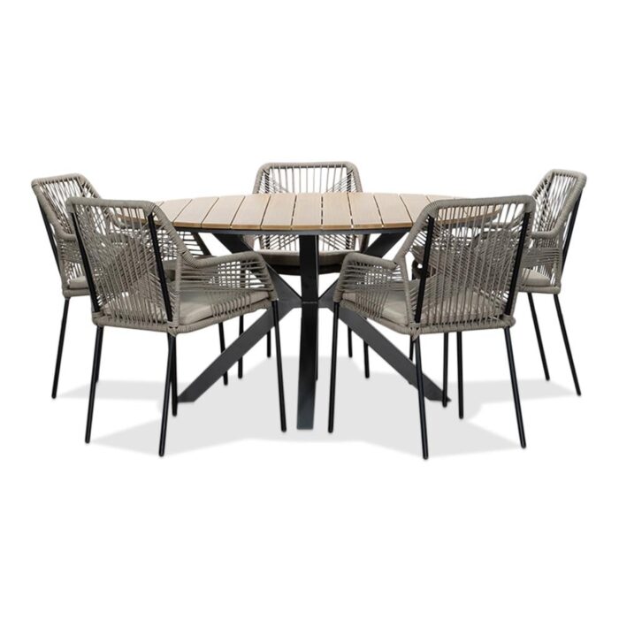 LUX outdoor living Cervo/Seville zand dining tuinset | 5 personen | polywood + touw | 144cm – Taupe – Naturel – Bruin, Light Teak