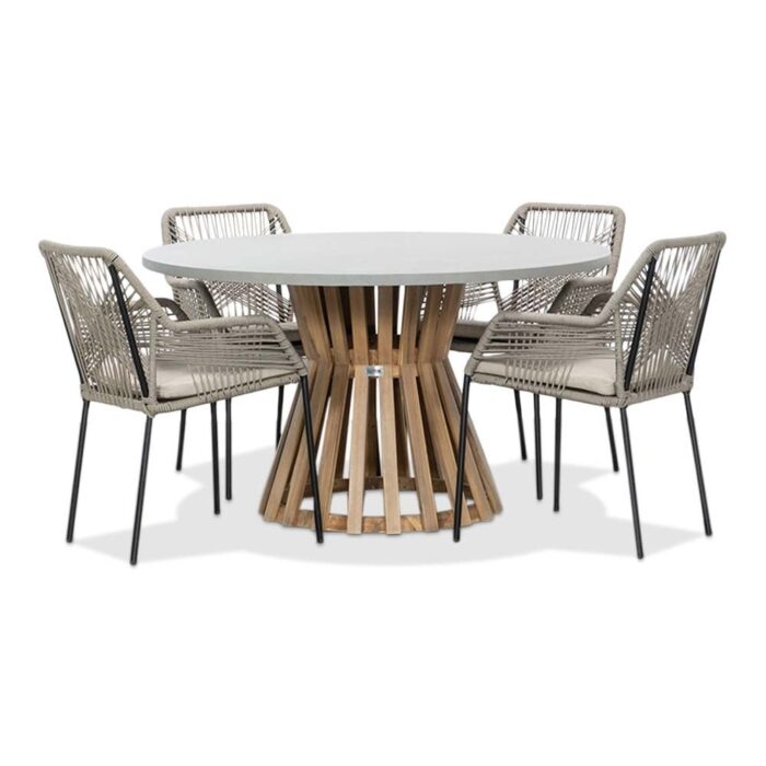 BUITEN living Elzas/Seville zand dining tuinset | 4 personen | betonlook + touw | 135cm rond – Light Teak, Betonlook