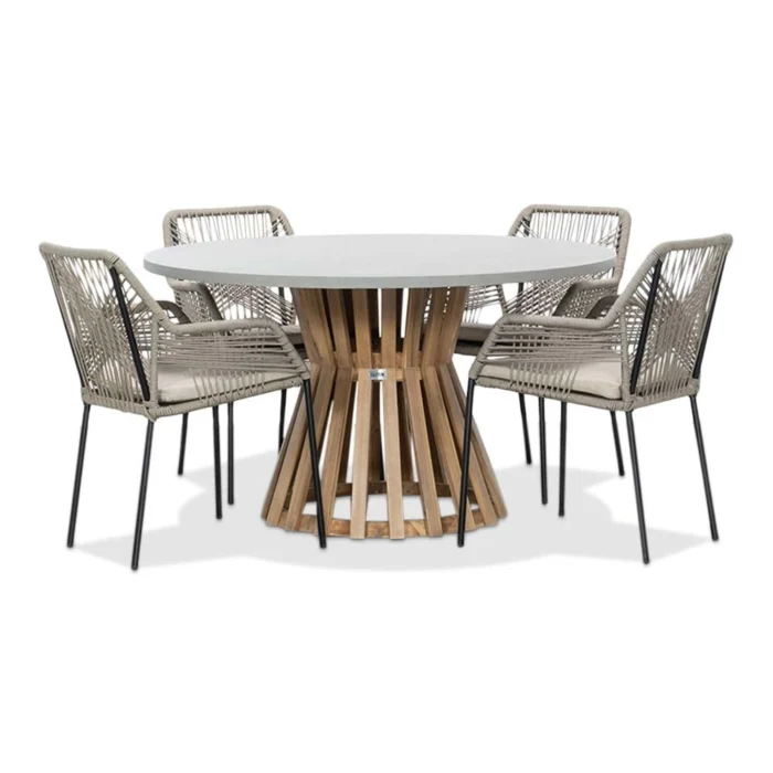 BUITEN living Elzas/Seville zand dining tuinset | 4 personen | betonlook + touw | 135cm rond - Light Teak, Betonlook