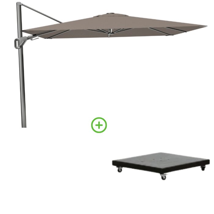 Platinum Nexus T² zweefparasol premium doek | 300×300 met Monza parasolvoet 90kg | Havana – Taupe – Naturel – Bruin