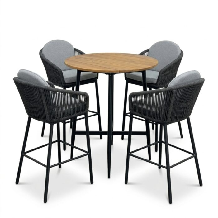 LUX outdoor living Valencia antraciet/Mara Stone Grey dining barset | 4 personen | teakhout + touw | 90cm