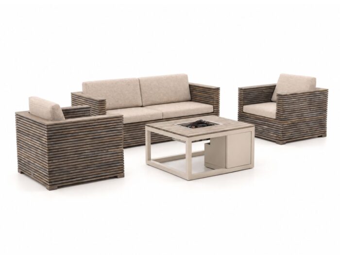ROUGH Furniture + 10% kassakorting | ROUGH-C/Cosiraw stoel-bank loungeset met vuurtafel 4-delig – Bruin