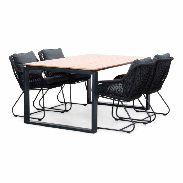LUX outdoor living Helsinki Natural/Portofino zwart dining tuinset | 4 personen | polywood + touw | 160cm – Light Teak, Zwart