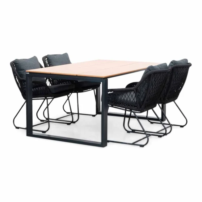 LUX outdoor living Helsinki Natural/Portofino zwart dining tuinset | 4 personen | polywood + touw | 160cm - Light Teak, Zwart