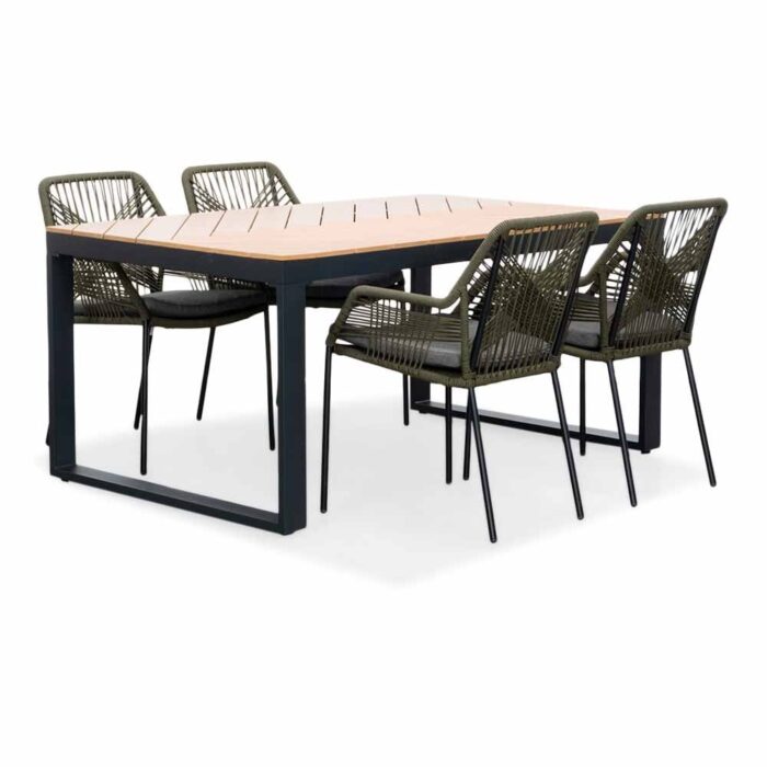 LUX outdoor living Kampa Natural/Seville olijfgroen dining tuinset | 4 personen | polywood + touw | 160cm – Taupe – Naturel – Bruin, Olijfgroen