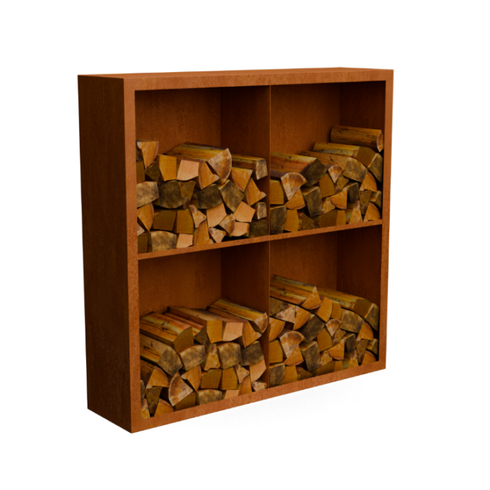 Geroba Egura cortenstaal Houtopslag 4 vakken met achterwand L150 x B38,5 x H150 cm – bruin