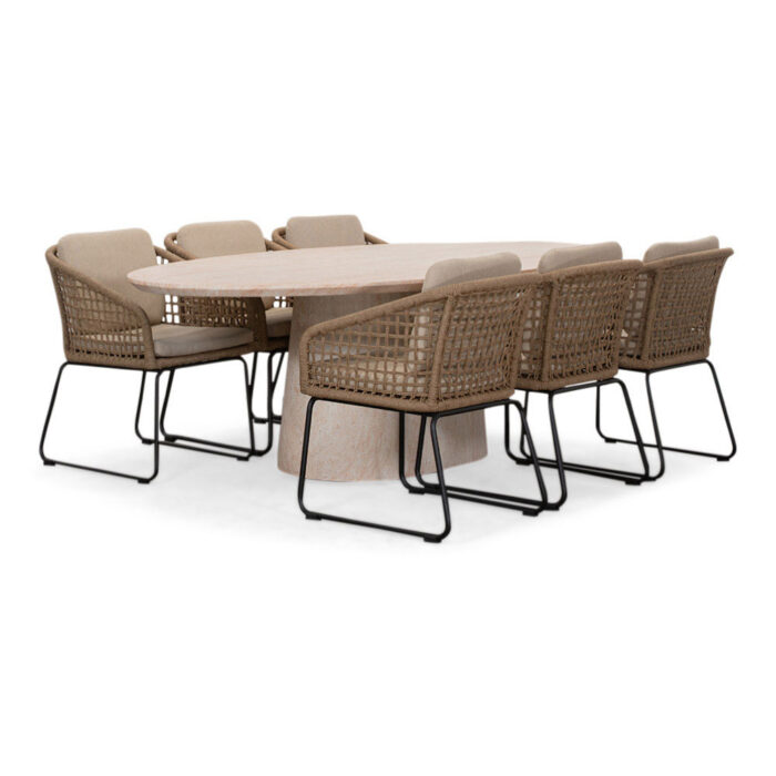 BUITEN living Max/Tulum Sahara Dust dining tuinset | 6 personen | travertin + touw | 240cm ovaal – Zand