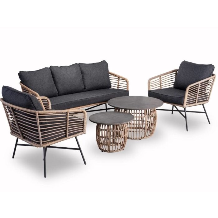 BUITEN living Flow stoel-bank loungeset 5 personen | wicker + betonlook | bamboo antraciet | 5-delig – Taupe – Naturel – Bruin