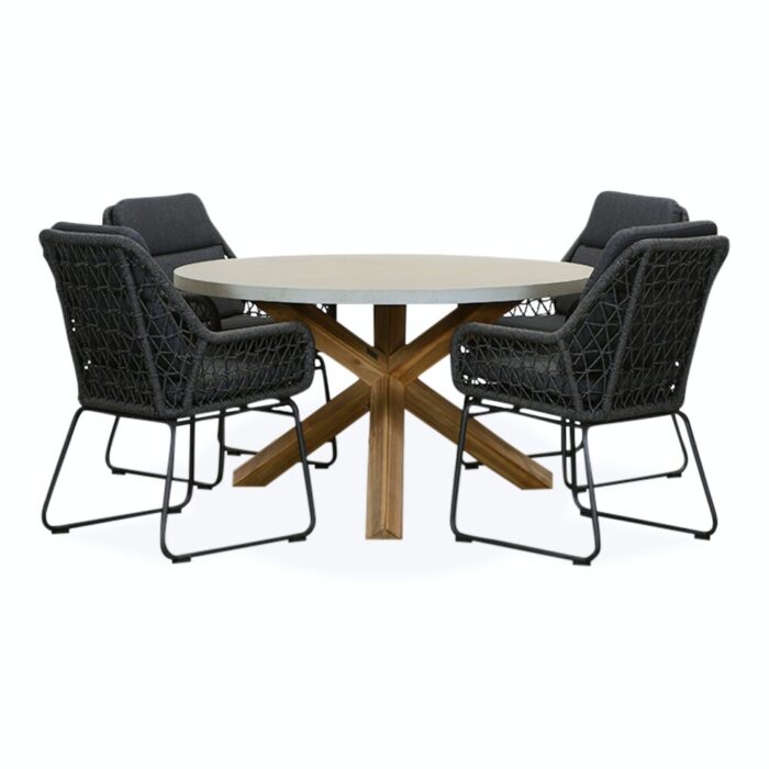 BUITEN living Nancy/Valencia Lava Grey dining tuinset | 4 personen | betonlook + touw | 135cm rond – Grijs